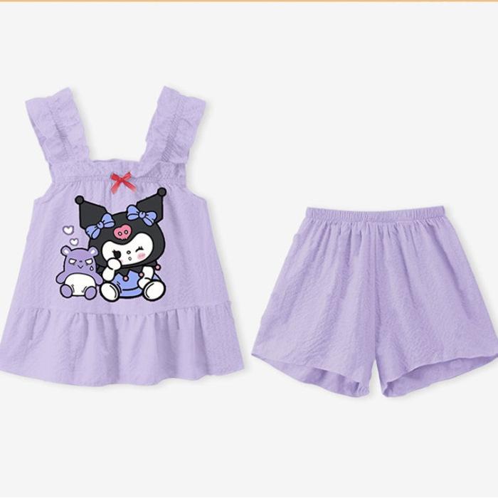 Girls Cartoon Tank Top and Short Sleeve Pajama Set Lightweight Summer Sleepwear 90