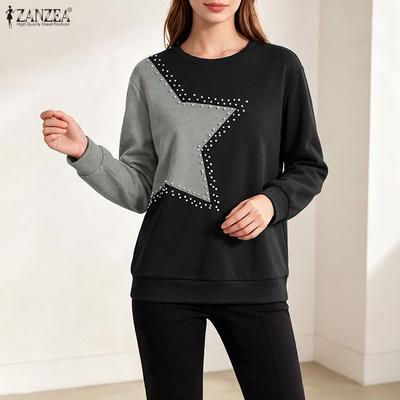 T-shirts Pulls Décontractés à Manches Longues Patchwork Col Rond pour Femmes