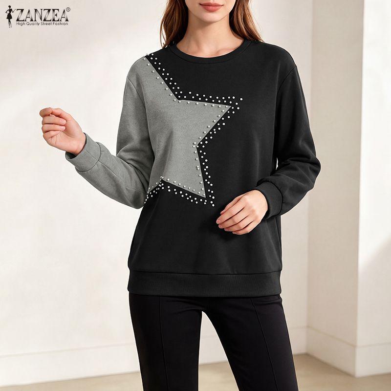 ZANZEA Women Casual Round Neck Patchwork Long Sleeve Pullover T-Shirts
