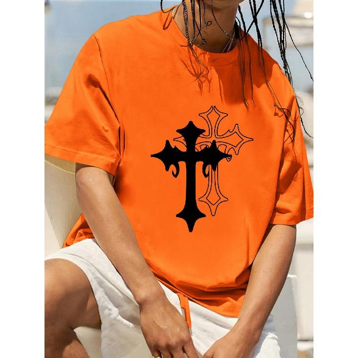 Men's Cross Printed Tee Multiple Color O-neck Short Sleeve T-shirt Clothes for Man