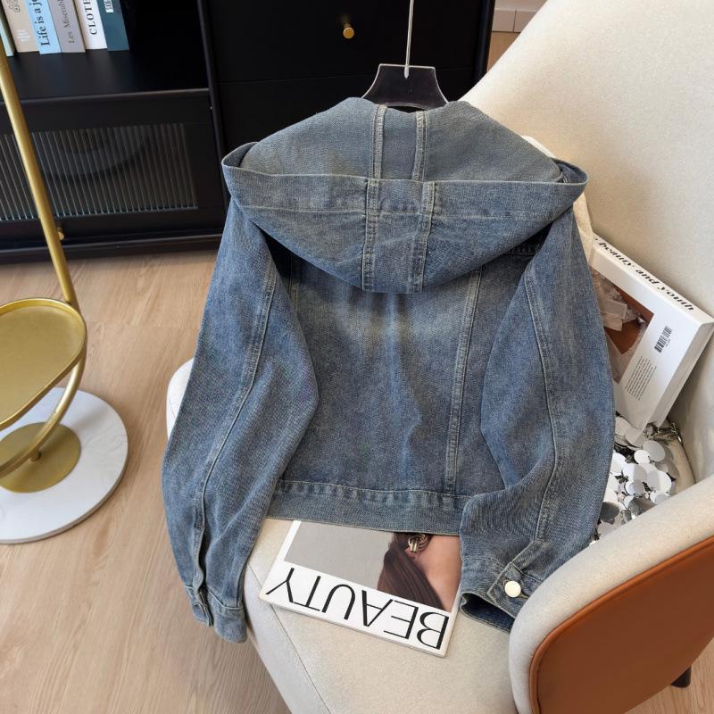 Damen Jeansjacke: High-End Strukturelles Design, Kurz-, Langarm, Baseball-Hoodie-Stil