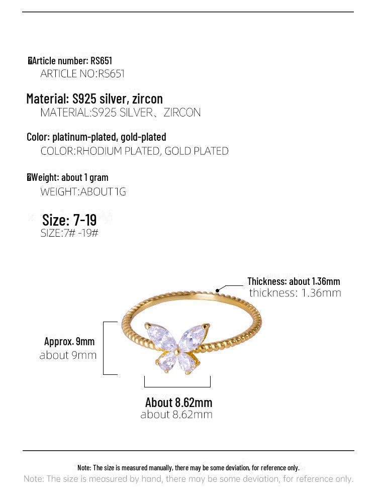 14 Karat vergoldeter Zirkon-Schmetterlingsring, S925-Silber, elegantes, schlankes Design für Damen.