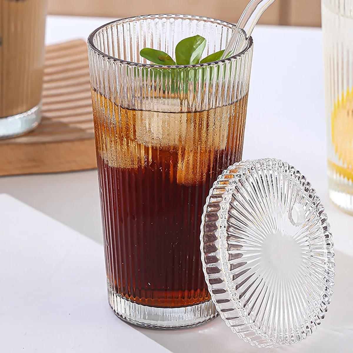 1pc-Simple Summer Straw Cup with Lid, High-value Glass Water Cup, Coffee Cup, Cold Drink, Juice Drink Cup 301-400ml