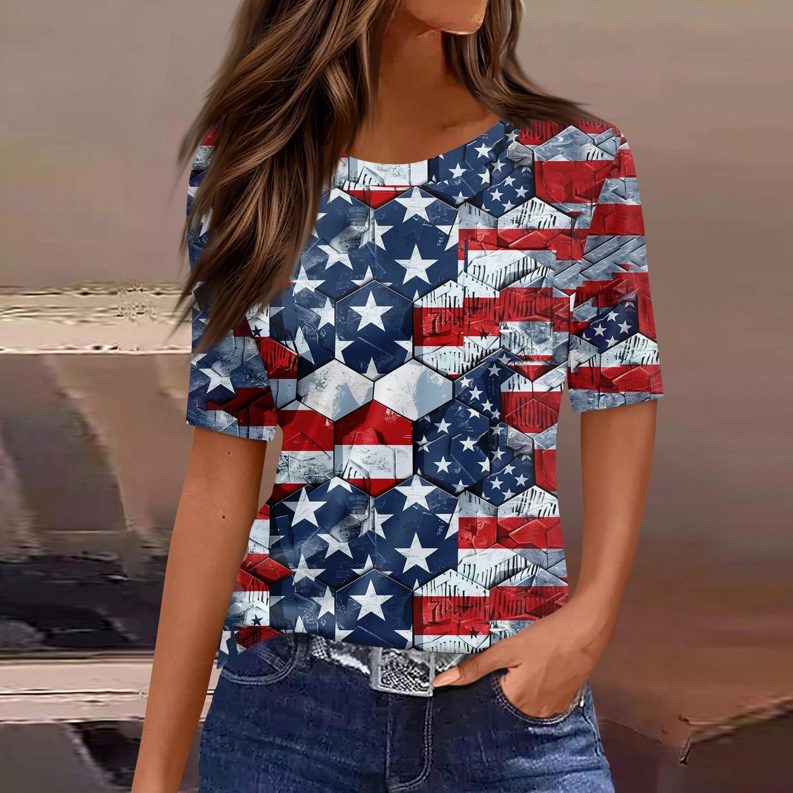 

Women s Round Neck Pocket Independence Day Print Short Sleeve T-Shirt Top XL синій