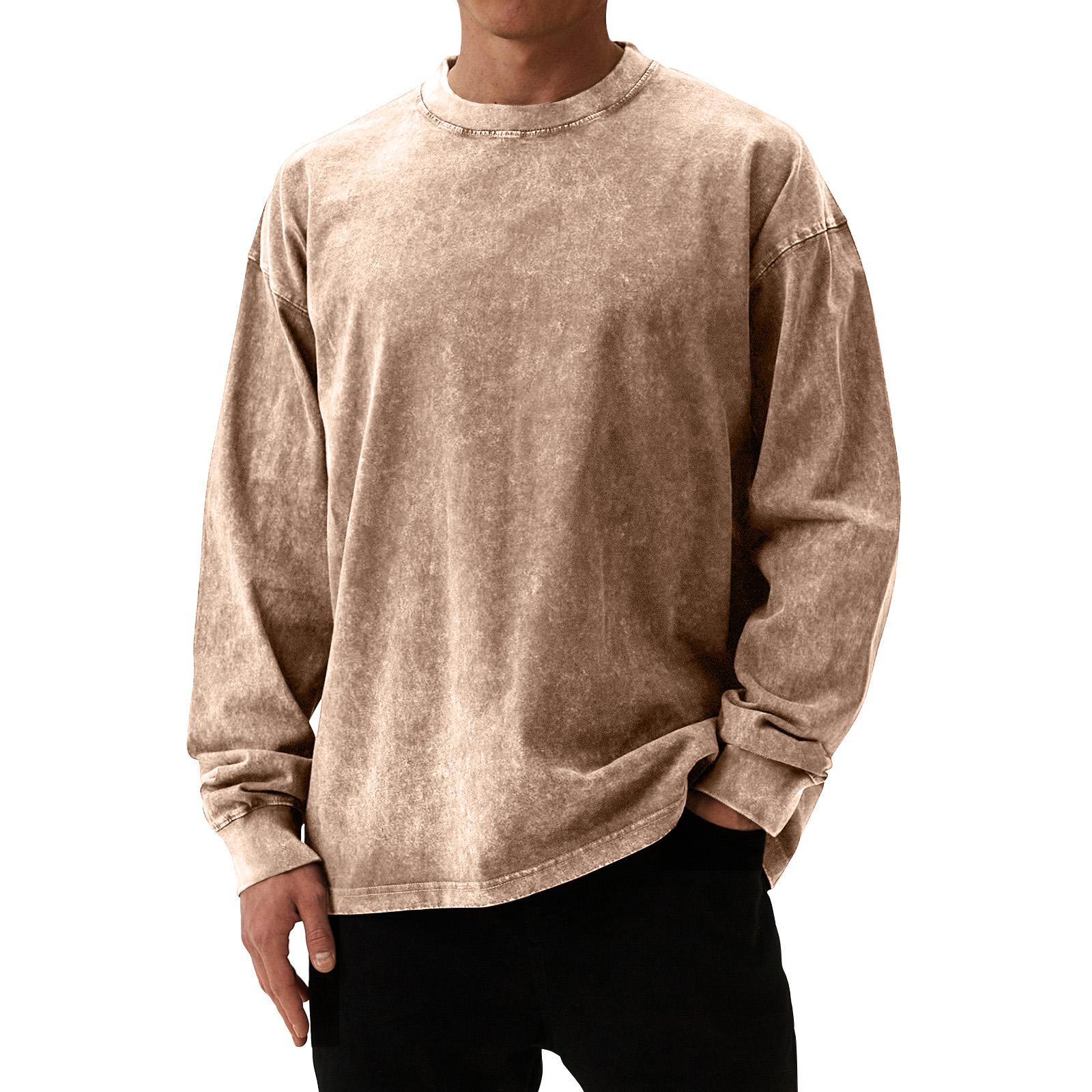 

Мужские однотонные выстиранные топы с длинным рукавом и круглым вырезом, мужские повседневные модные топы S кофейный