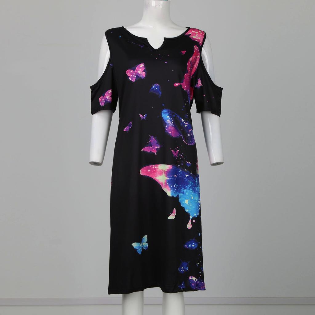 Women's Fashion Mid-waist V-neck Off-the-shoulder Printed Butterfly Temperament Mid-length Round Hem Dress