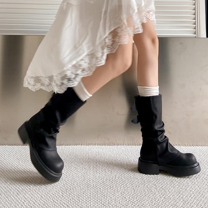 Maillard Pleated Pile Medium Boots Women's Muffin Pants Knight Boots Western Cowboy Boots High Heel