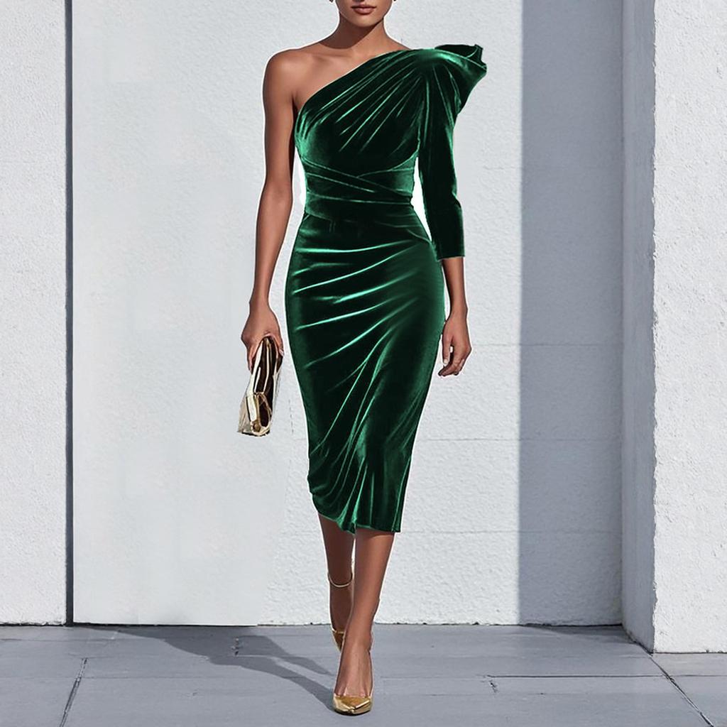 Fashionable Women's Off,shoulder Velvet Slim,fit Bodycon Midi Dress