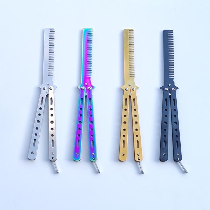Metal Foldable Bladeless Butterfly Knife Comb Professional Tool for Hairdressing Salon Practice Training