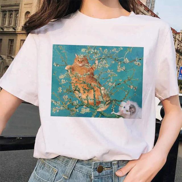 Women Clothes Summer Fashion Trendy Casual TShirt Van Gogh Cat Van Gogh Cat Art Oil Painting Printed T-Shirt Aesthetic Clothes