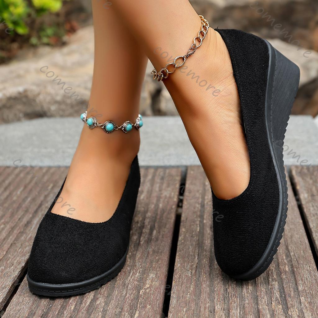 Fashion Comemore Spring Autumn Solid Colour Shallow Mouth Single Shoes for Women Casual Suede Soft Bottom Wedges Heel Women's Shoes