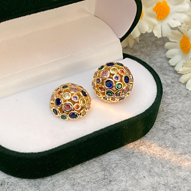 Vintage Spherical Stud Earrings with Colorful Zircon - Retro Court-Style Luxury