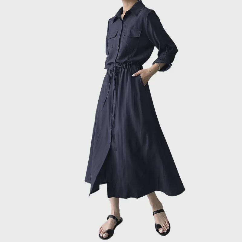 2024 Japanese & Korean Style Sleeveless Pocket Long Swing Casual Lapel Shirt Dress