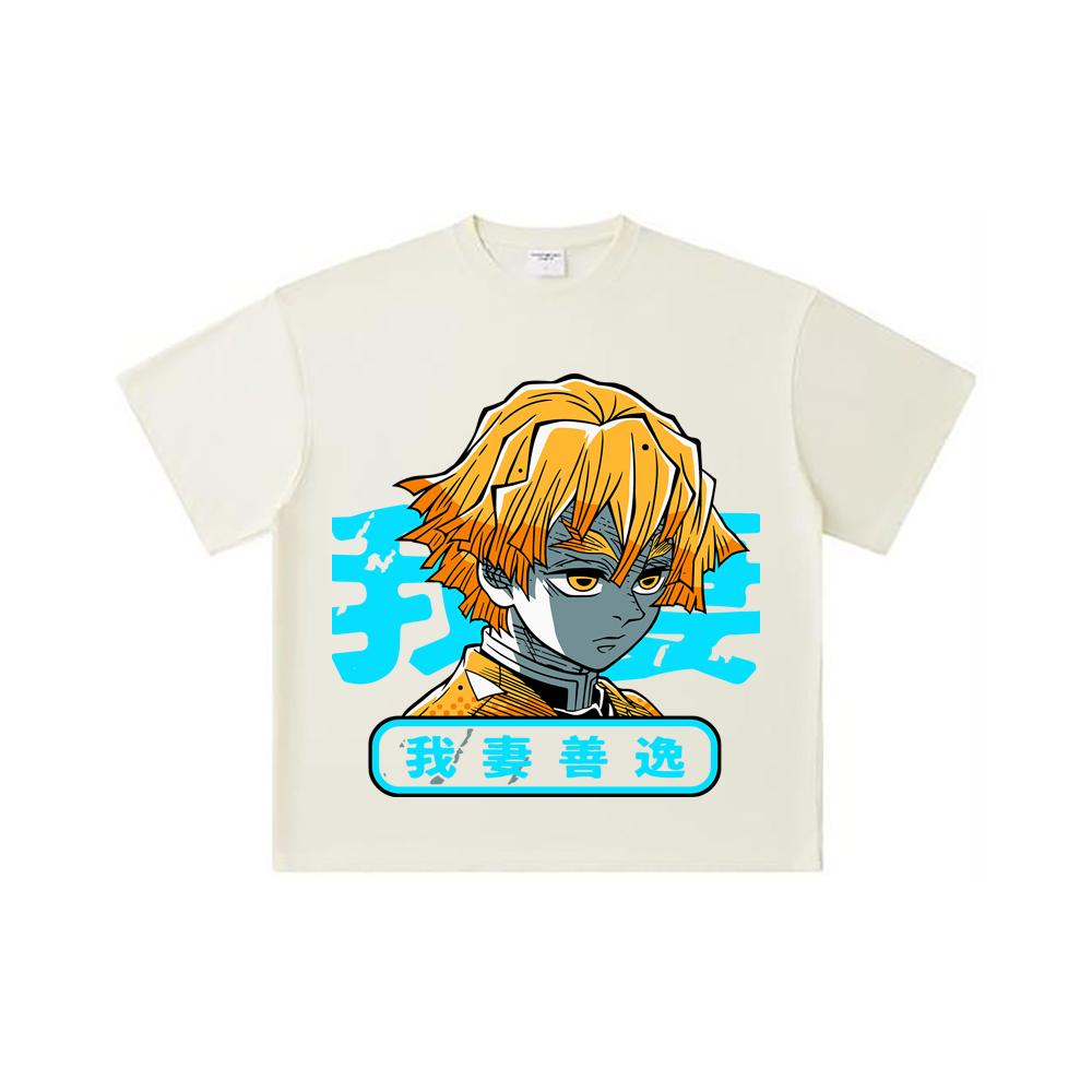 260 GSM Double Yarn 32 Count 100% Cotton Demon Slayer V100 Zenitsu Print Unisex Heavy Cotton T Shirt