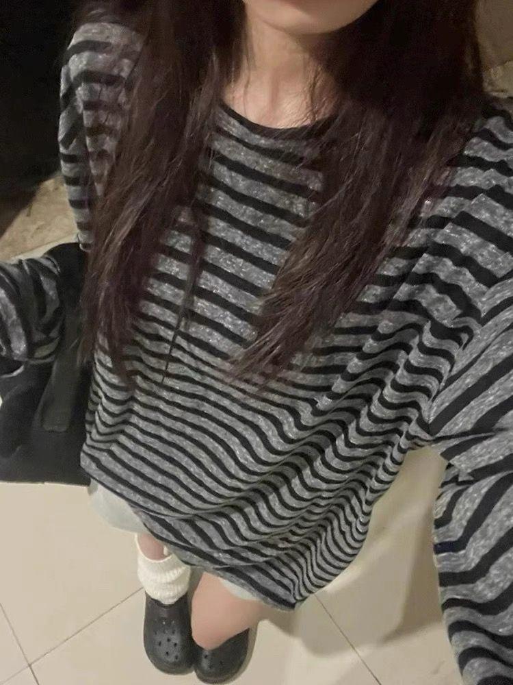 

Женская футболка с длинным рукавом в полоску с цветными блоками - Корейский свободный крой, Шикарный гонконгский стиль Small