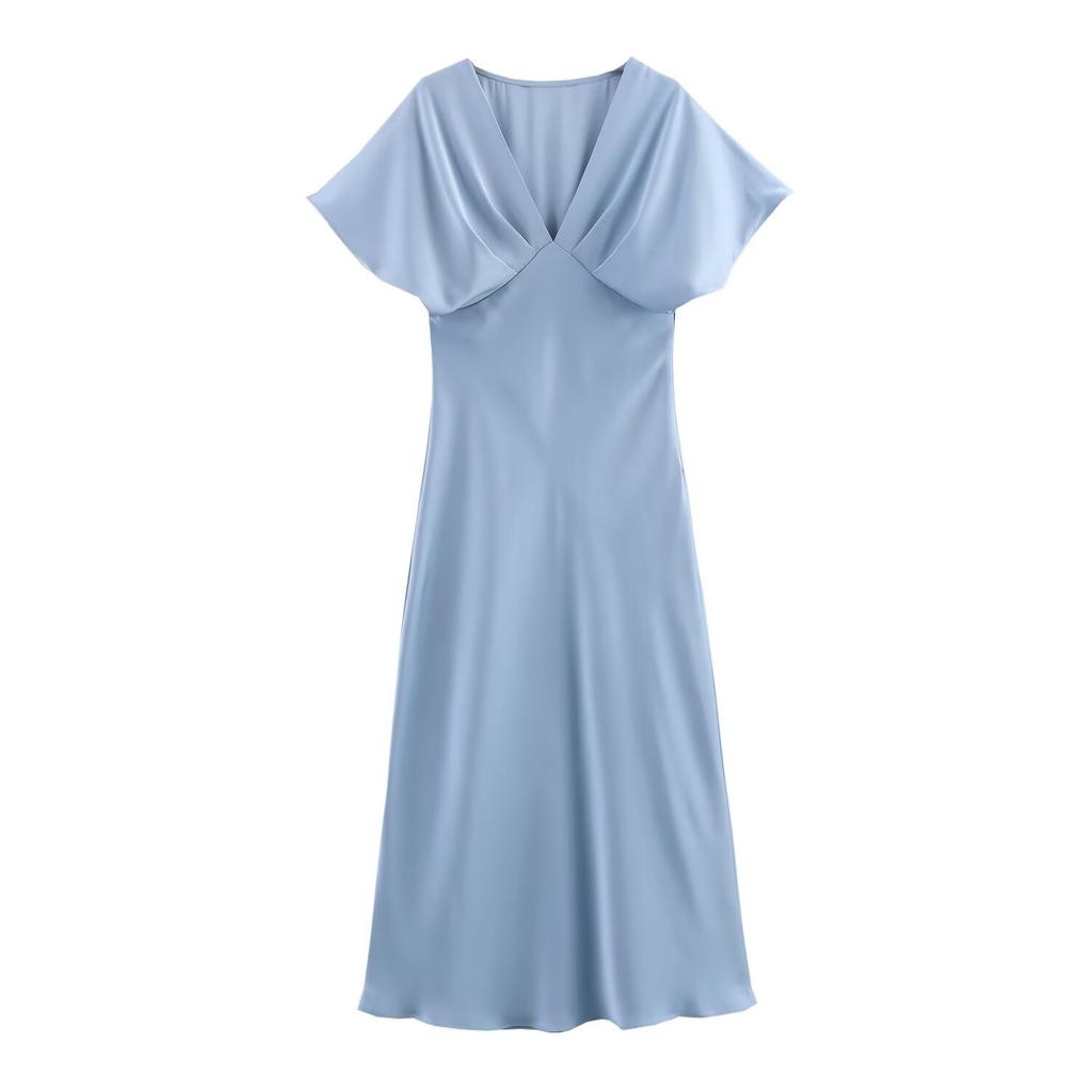 Spring and Summer New European and American Style Women's Clothing Fashion Temperament Casual V-neck Silk Satin Texture Dress
