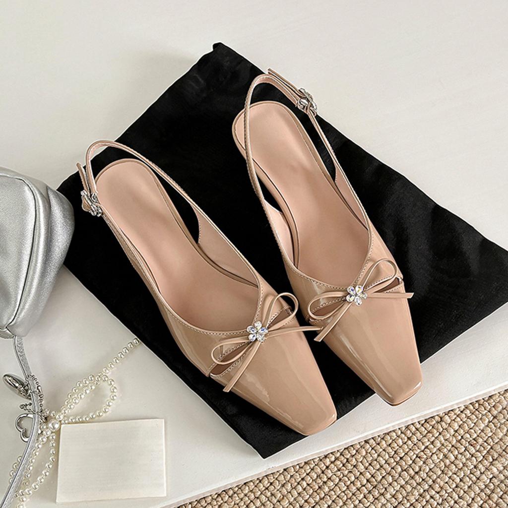 Sheepskin rhinestone bow hollow leather sandals women's square head thick heel summer wear with skirt bag head shoes