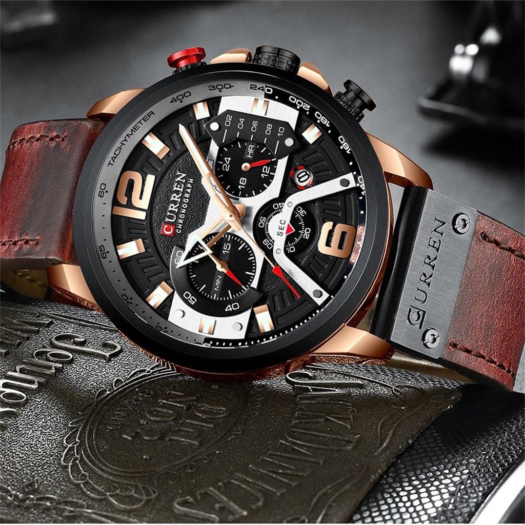 CURREN Men's Business Leather Strap Watch Waterproof Quartz Chronograph Date Display Three Sub-Dials Six Hands Casual Wristwatch