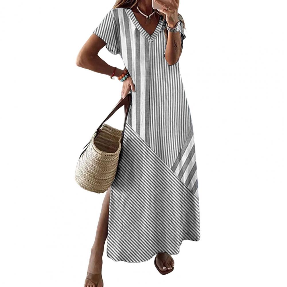 Summer Women Dress V-Neckline Side Split A-line Comfortable Fit Short Sleeves Striped Print Pullover Ankle Length Vacation Beach Maxi Dress