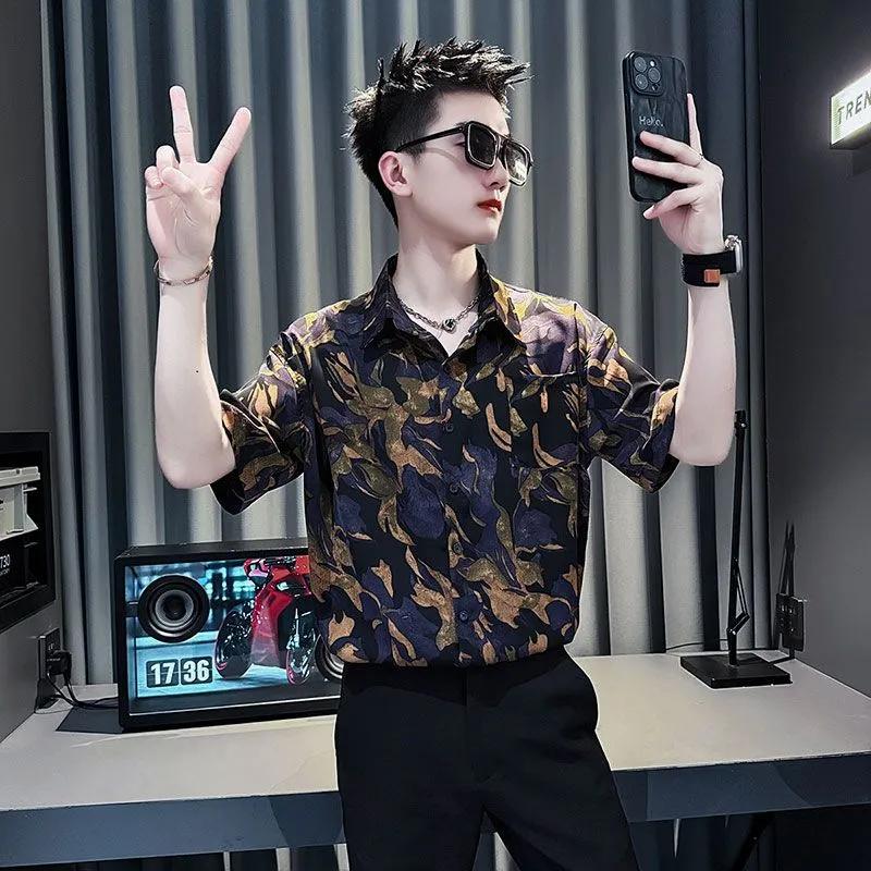

Men s Streetwear Style Black Abstract Floral Print Short Sleeve Shirt M чорний