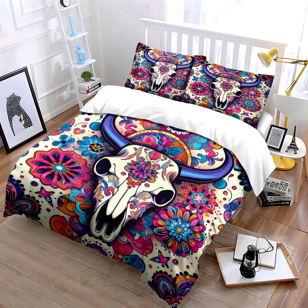 Colorful Bull Skull Design. Bedding Sets Duvet Cover Sets Duvet Covers Pillowcases(1 * Duvet Cover 2 * Pillowcases Without Duvet Insert)