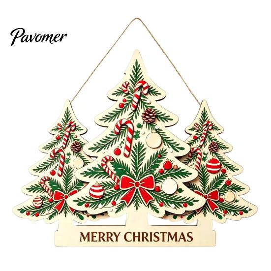 Christmas Front Entrance Sign Wooden Hanging Ornament, Multi-Layer Tree Wood Plaque Vintage Window Decor with Rope, Merry Festive Door Wall