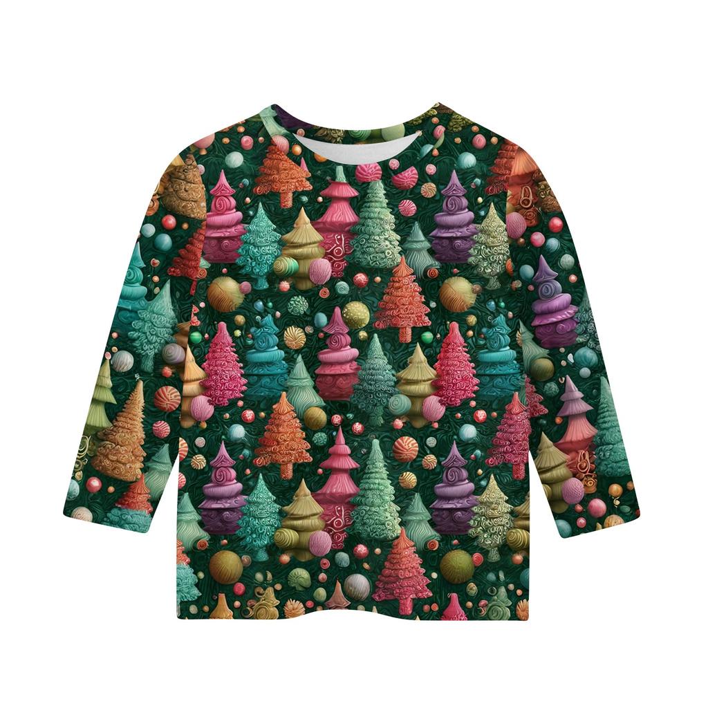 Children's 3/4 Sleeve Tops Casual Christmas Print T Shirt Round Neck Pullover Blouse