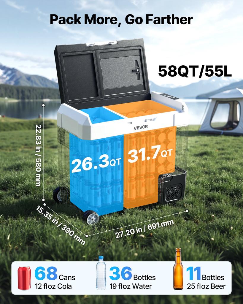 VEVOR Car Refrigerator, DC 12/24V AC100-240V Compressor Electric Cooler, -20 degrees C to 20 degrees C Truck Refrigerator with APP Control