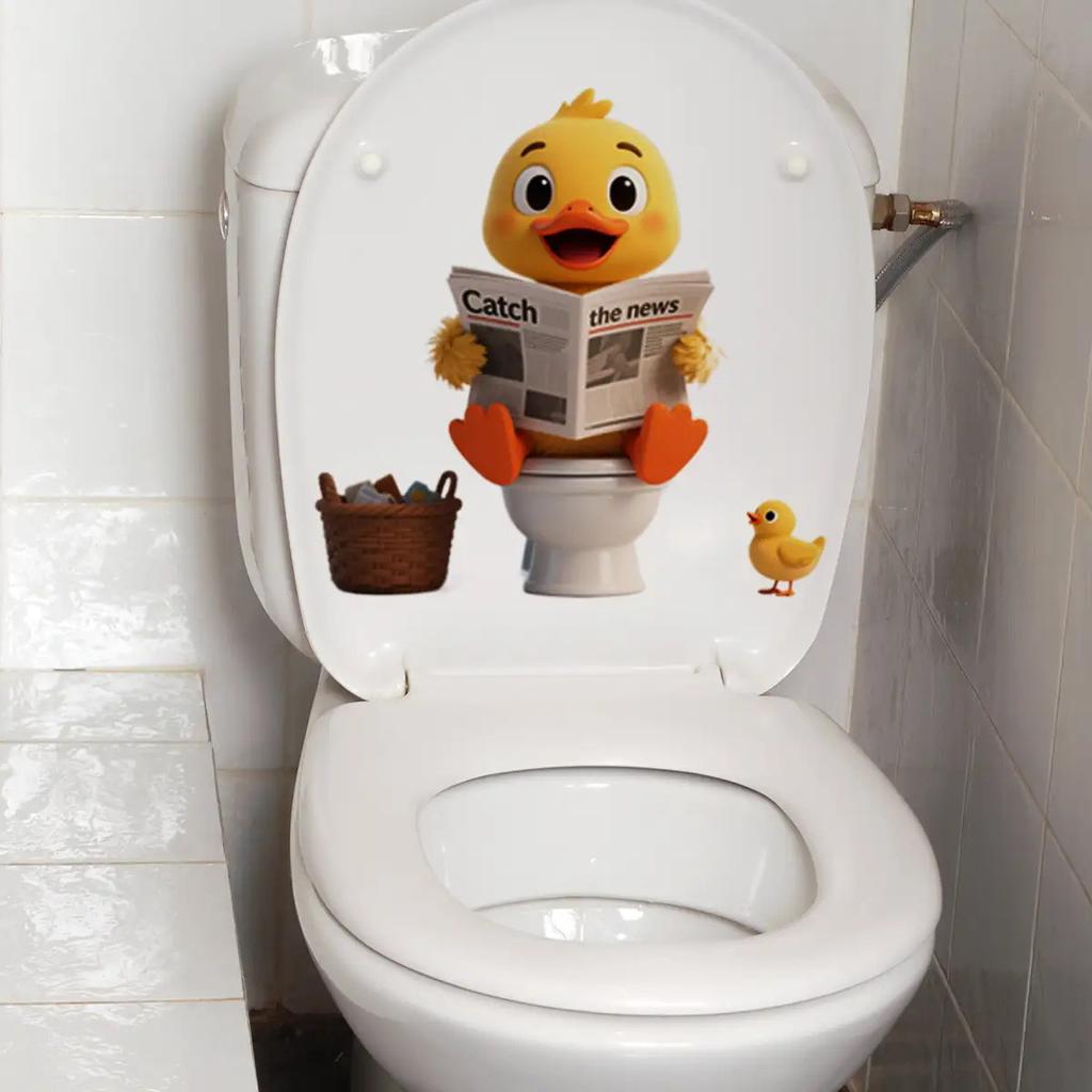 Little Yellow Duck Reading Newspaper Toilet Sticker Waterproof Self Adhesive Bathroom Decor