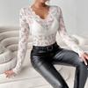 V Neck Fan Trim Single Layer Solid Lace Long Sleeve T Shirt Slim Flattering Top Women Fashion Daily Basic Casual Slim Fit Ladies Elegant Top