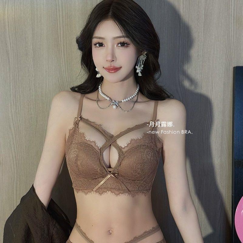 Pure Desire Wind Cross with Heart Machine Stacking Inside Underwear Women's Suit Sexy Lace Small Breasts Gather and Show Big Bra Cover