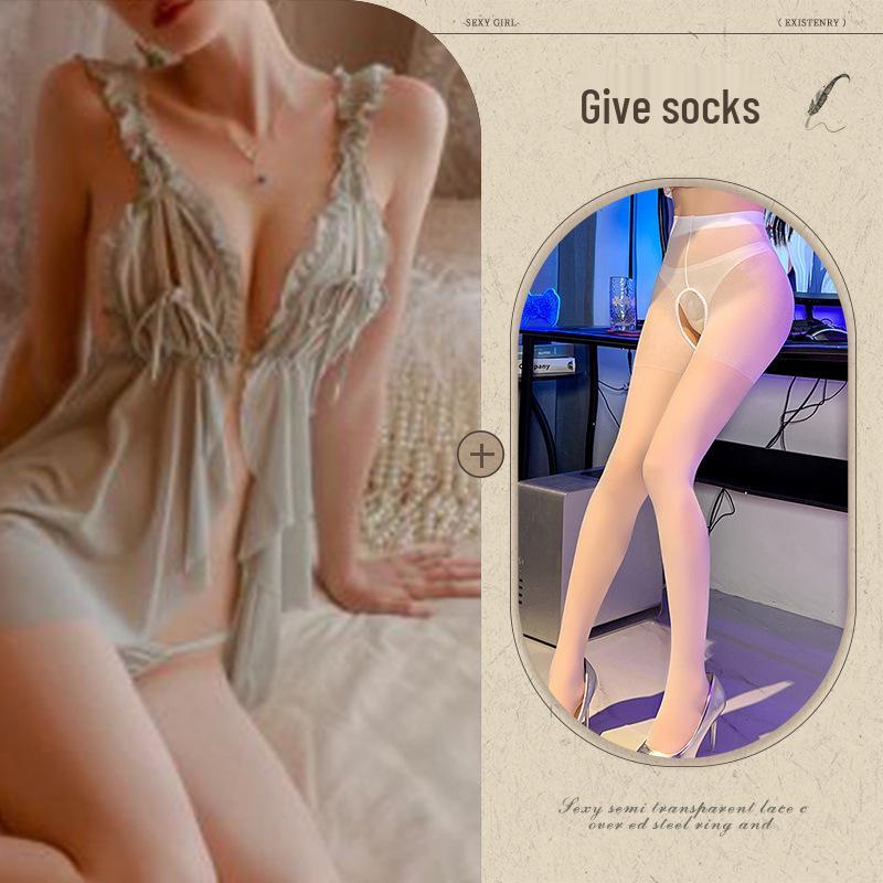 Temptation See-Through Hollow Out Chest Slit Sexy Sleepwear Lingerie Nightgown 814