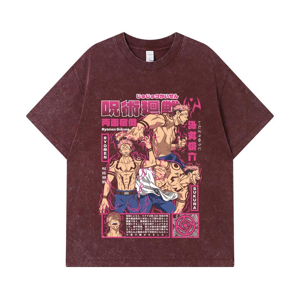 275 GSM Washed T-shirts 100% Cotton Jujutsu Kaisen V45 Sukuna Print Unisex Heavy Cotton T Shirt