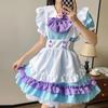 Cute Maid Dress Short Sleeve Sweet Maid Outfit with Apron Big Bow Headwear for Party Blue Purple M
