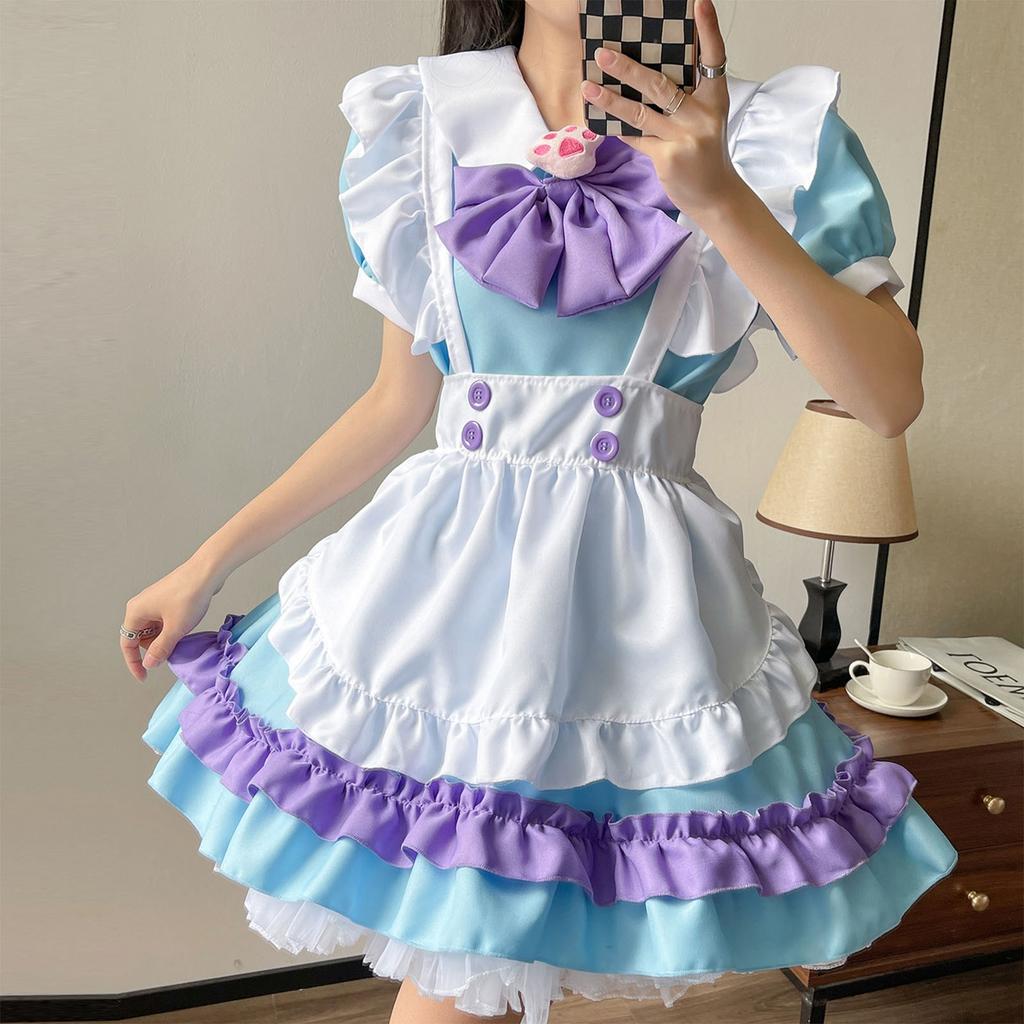 Cute Maid Dress Short Sleeve Sweet Maid Outfit with Apron Big Bow Headwear for Party Blue Purple M