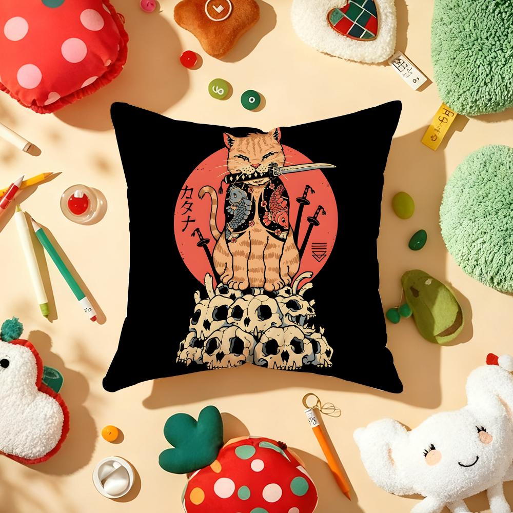 Japanese Style Samurai Cat Cushion Cover Plush Fabric Soft Double-Sided Printed Sofa Warm Winter Home Gift Pillow Cover