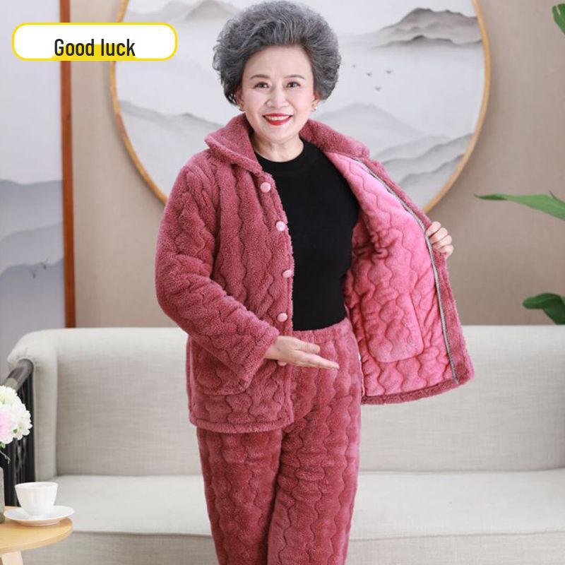 Three-Layer Fleece-Lined Quilted Winter Pajama Set for Elderly Women - Warm Coral Fleece Home Wear & Outerwear