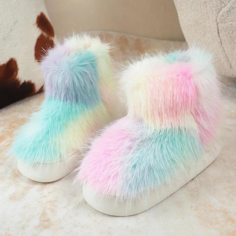 Fashion Gradient Color Faux Fur Snow Boots for Women Thick Sole Long Plush Warm Winter Boots Woman Fashion Fluffy Platform Ankle Booties