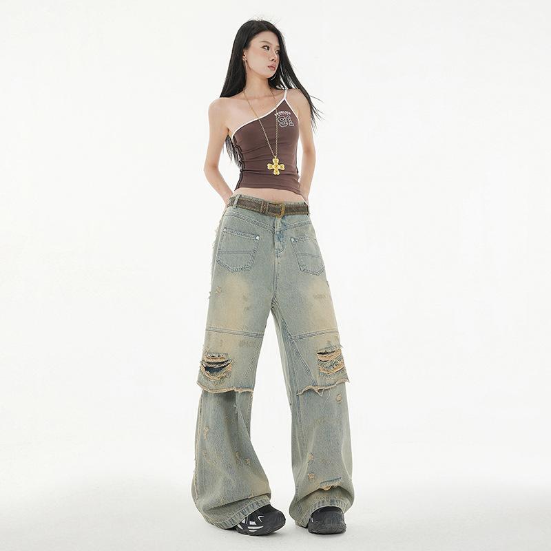 American high street wasteland wind ripped jeans men's and women's autumn new loose washed old wide-leg pants