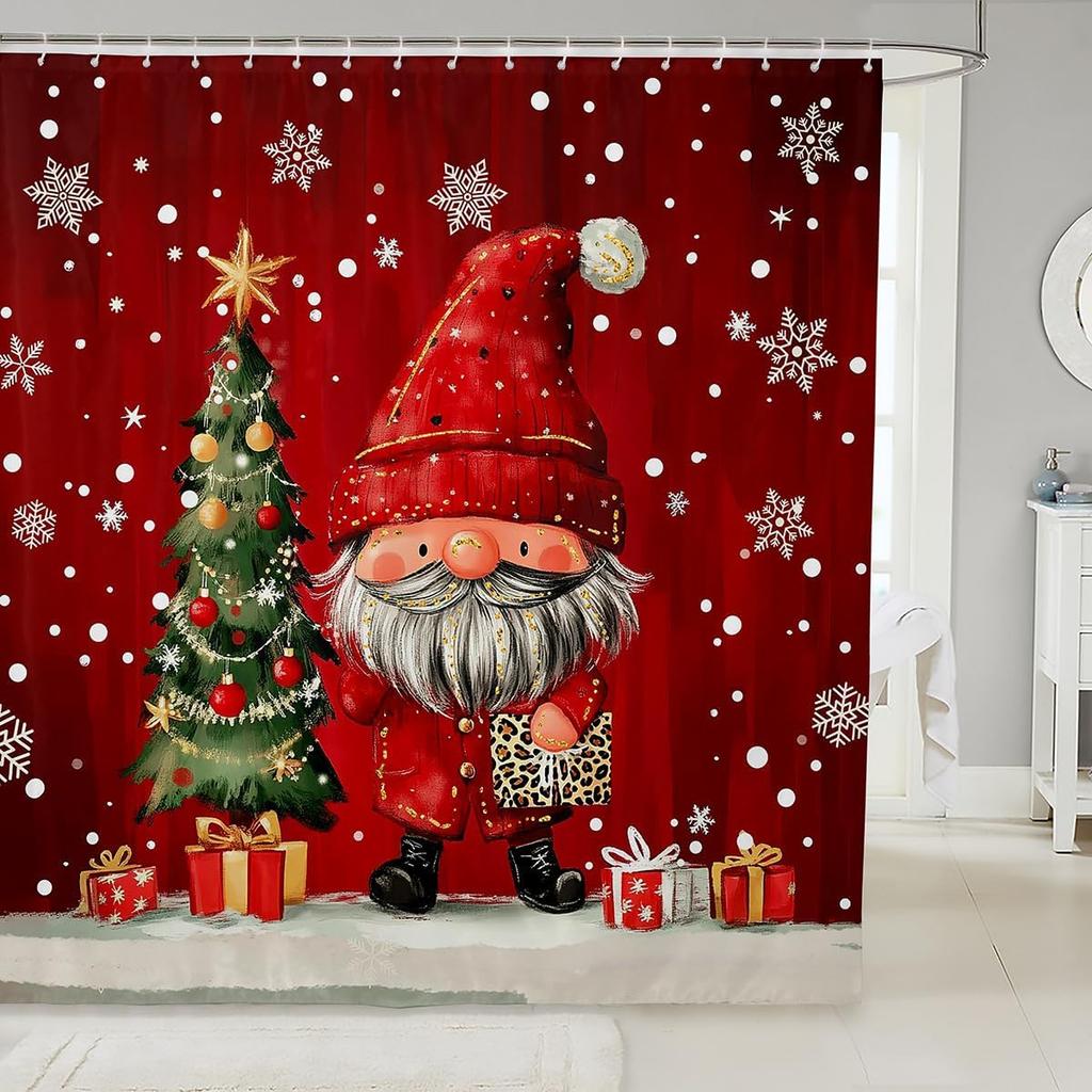 Christmas Cat Shower Curtain Cute Pet Cat Animal Bathroom Shower Curtain Sets, Xmas Decor Christmas Hat Fabric Shower Curtain