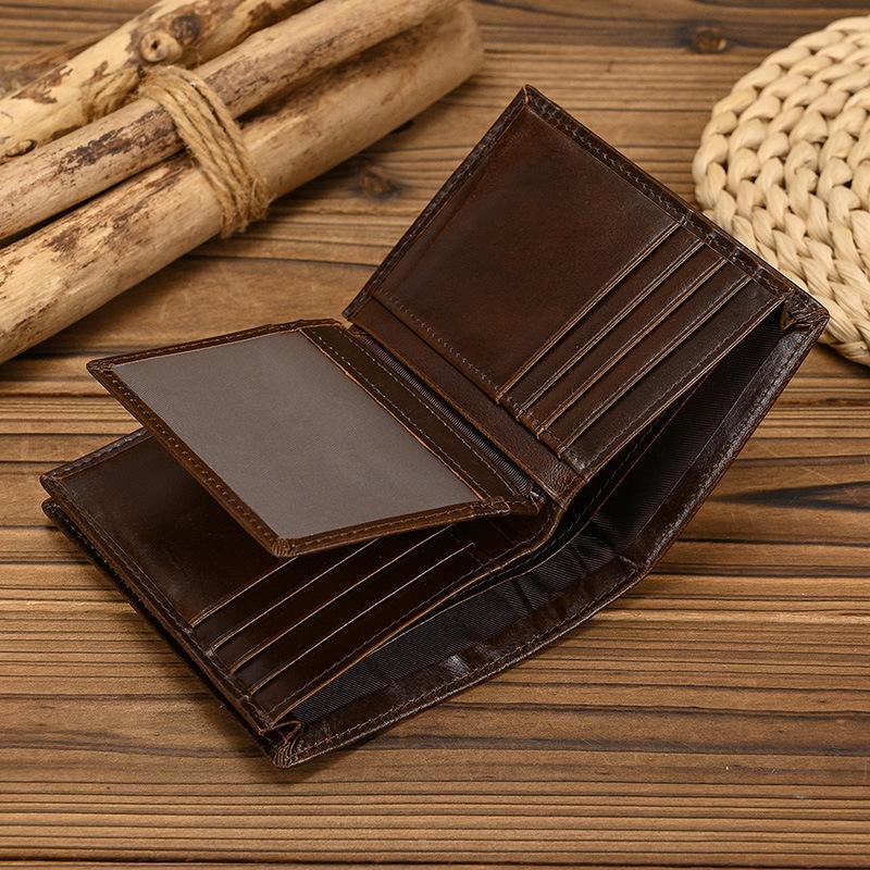 Genuine Leather RFID Wallet Men Bifold Retro Oil Wax Cowhide Short Purse Large Capacity