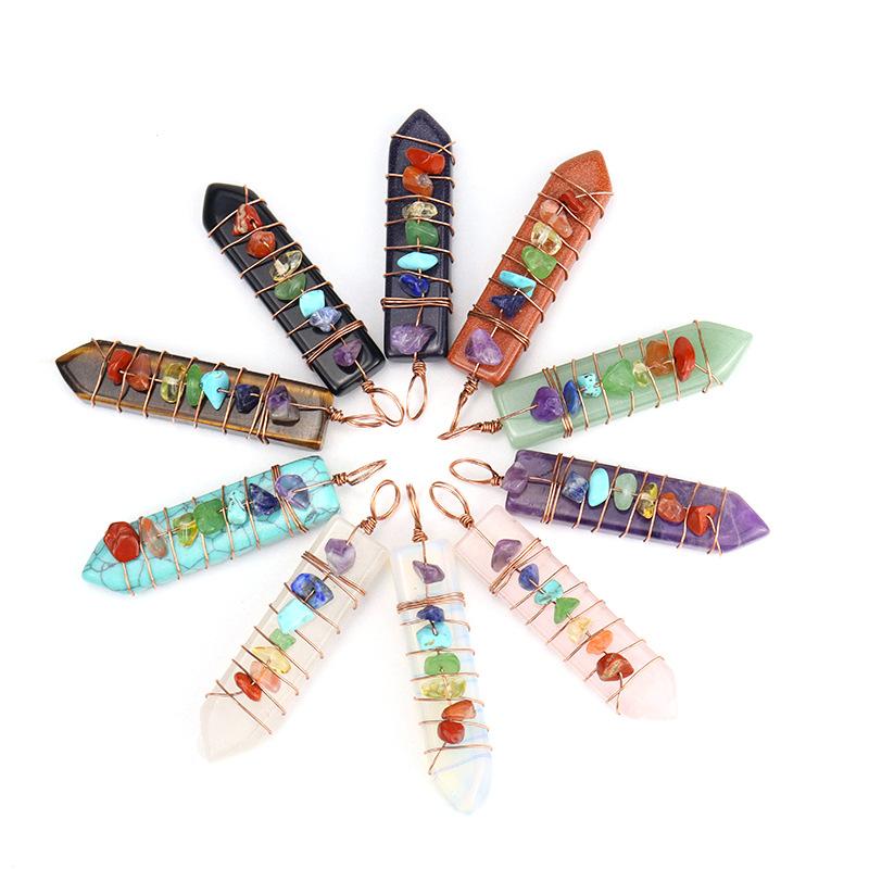 Hand-Wound Colorful Gravel Natural Stone Crystal Powder Spar Sword-Shaped Pendant Necklace N507