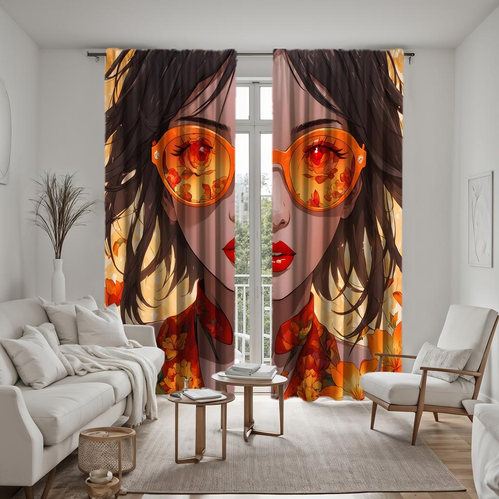 2 pezzi di tenda decorativa con ragazza dei cartoni animati HD che indossa occhiali da sole Tenda stampata digitalmente gialla stile decorazione per la casa decoratio