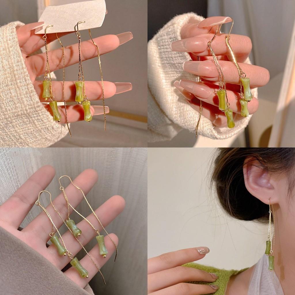 Vintage Bamboo Earrings Chinese Style Copper Ear Drops Long Fringe Green Bamboo Ear Thread