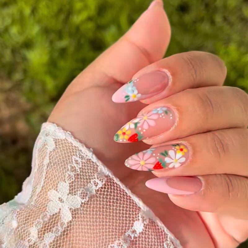European & American Pink Floral French Almond Press-On Nails