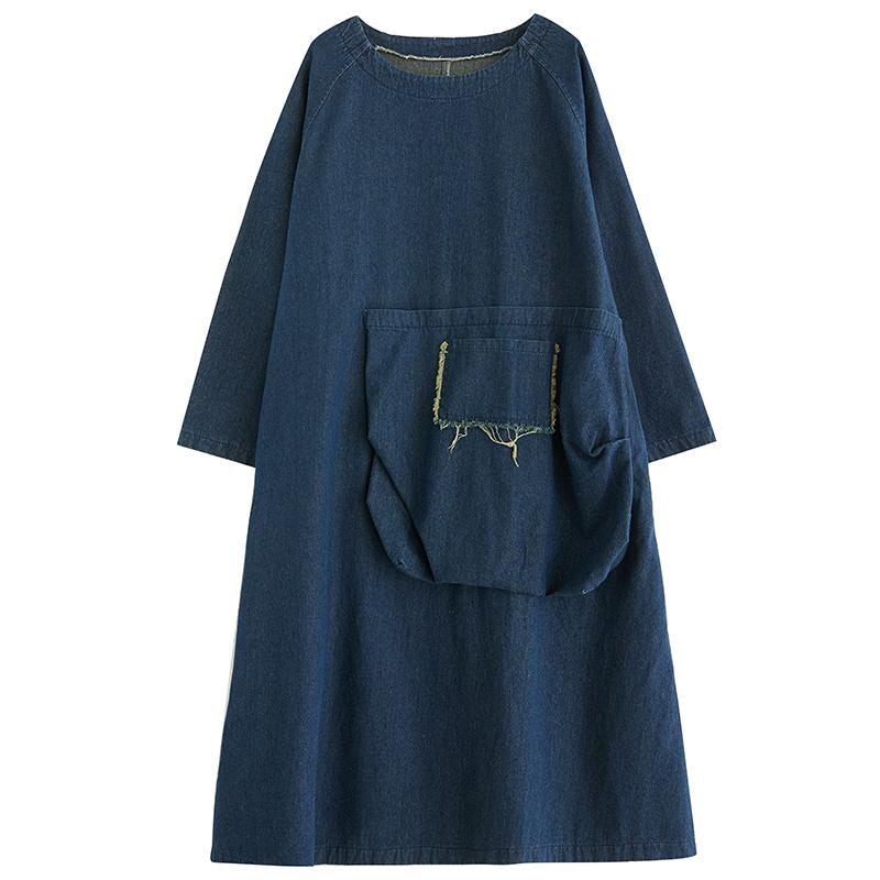 Dimanaf 2023 Women Plus Size Summer Dress Solid Fashion Casual Denim Basic Long Dress Cotton Vintage Loose Blue Clothing