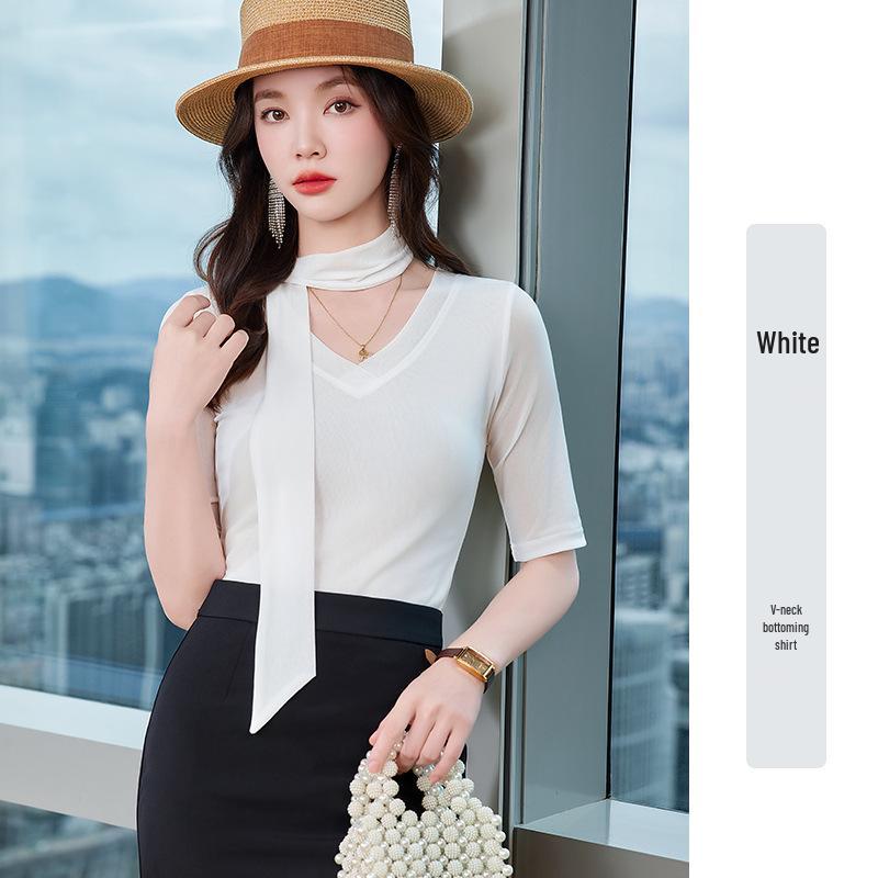 Women's Slim Fit V-Neck Mesh Base Layer Blouse - Solid Color Long Sleeve Top