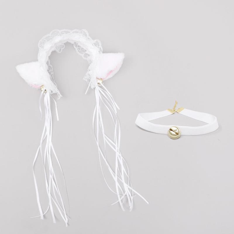 Lolita Fox Ear Cosplay Cat Headband & Erotic Bell Necklace Set with Cute Bow.