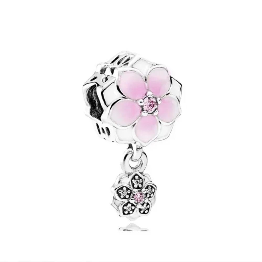 925 Silver Pink Blossom Dangle Charm Butterfly Heart Flower Rose Bird Bead For DIY Necklace Bracelet Fine Jewellery