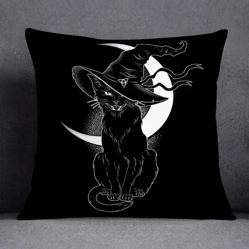 Vintage Dark Gothic Black Cat Throw Pillow Cushion Cover Witch Moon Pumpkin Case Home Sofa Decor Autumn Party Gift Peach Skin
